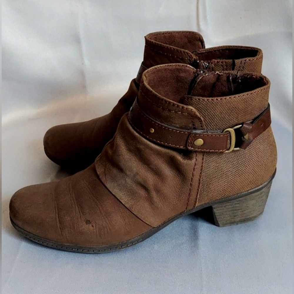 Earth Origins "Meryl" Shoes, Size 8.5, Brown Leather Booties, Stacked Wood Heels - Picture 8 of 12
